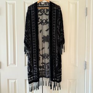 Elegant Black Velvet Kimono with Fringe